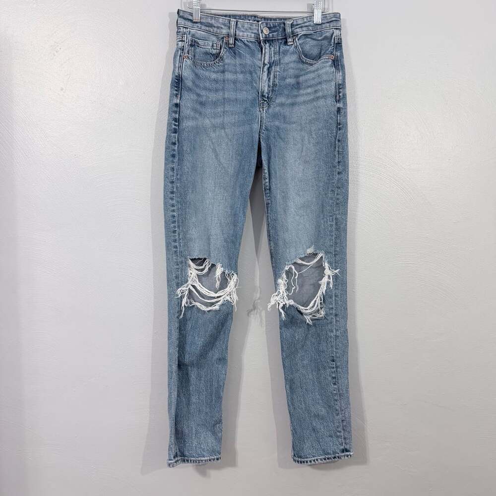 American Eagle Mom Jean Size 6 Long Blue Ripped High Rise Denim